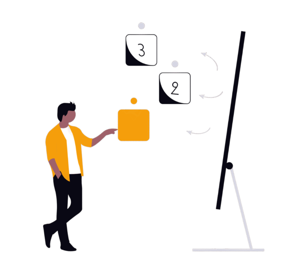 Efficient Amazon advertising strategy illustration showing a person arranging numbered steps for eCommerce growth with visual cues. Ideal for digital marketing, Amazon ads, and eCommerce scaling content.